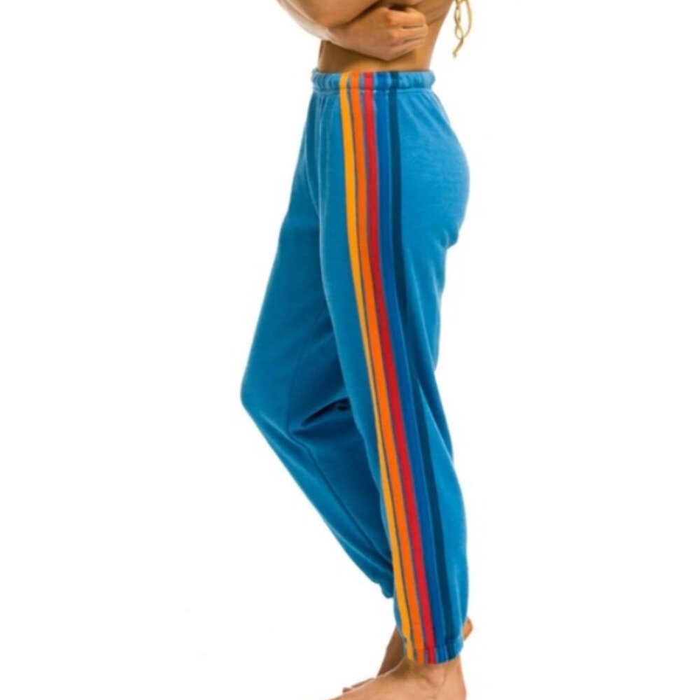 Aviator Nation Blue Track Pants with Rainbow Side Stripes
